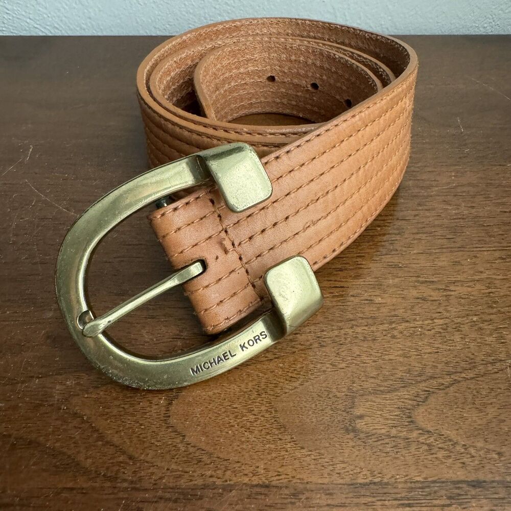 Michael Michael Kors Light Brown Horseshoe Brass Buckle Leather Belt Sz M 553538